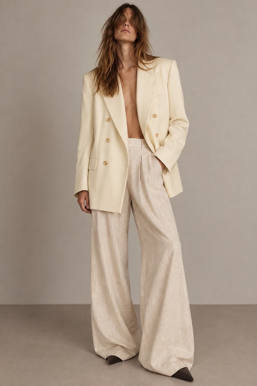Polo By Ralph Lauren Cream Double Breasted Wool Blazer Oversized Jacket Large